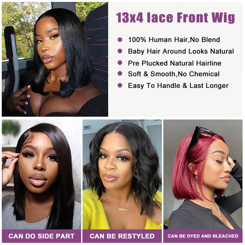 Bob Lace Front Wigs 13x4 Straight Pre Plucked Hairline 100% Human Hair