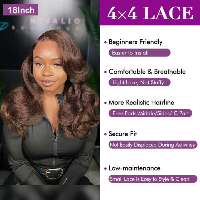 [18''=₵899] Brown Color Body Wave HD Invisible 4x4 Glueless Closure Wigs