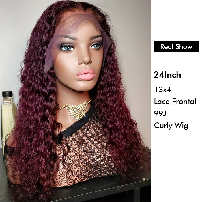 Real Show | Deep Culry Wig | 99J Burgundy Color | Frontal/Closure HD Lace Wig (10-32'')