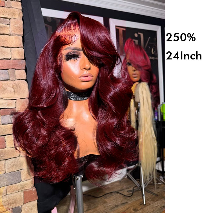 Custom High Density | Body Lace Wig | 99J Burgundy Color | Closure/Frontal
