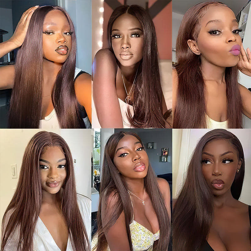 #4 Chocolate Brown Wig Straight 4x4 13x4 Lace Front Human Hair Wigs