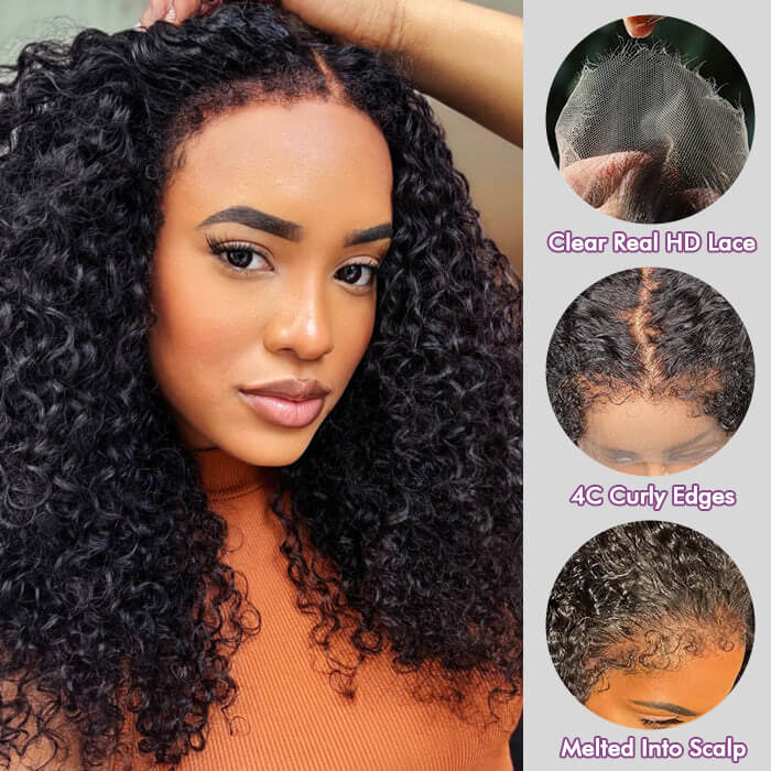 4C Curly Edge Lace Wig HD Lace Frontal Curly Human Hair Wig With Super Natural Hairline