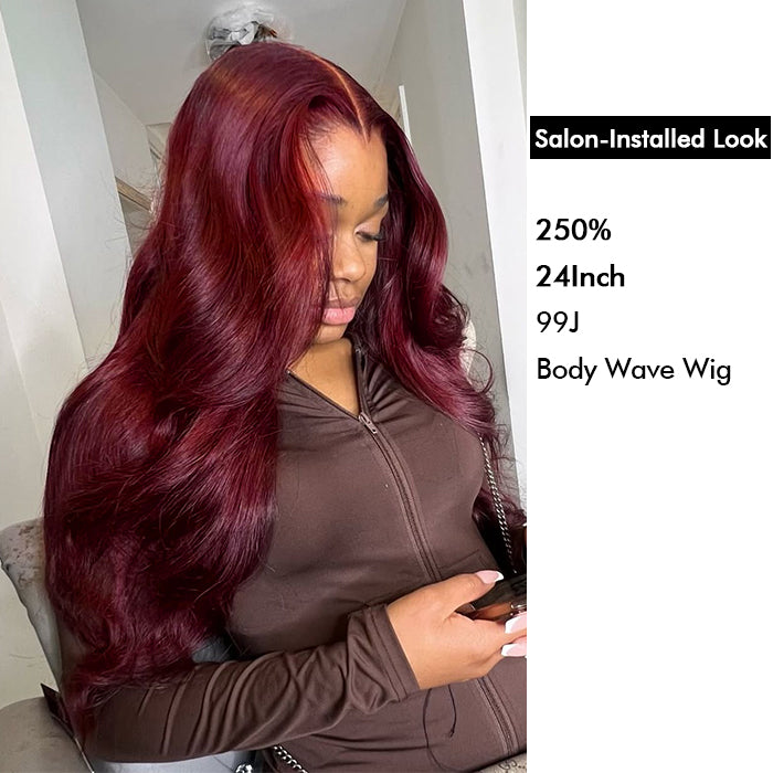 Custom High Density | Body Lace Wig | 99J Burgundy Color | Closure/Frontal