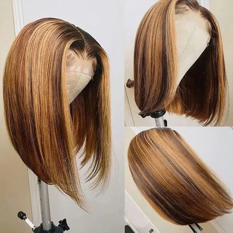 Honey Blonde P4/27 Highlight Straight Bob Wig Ombre 4x4 HD Lace Closure Wig