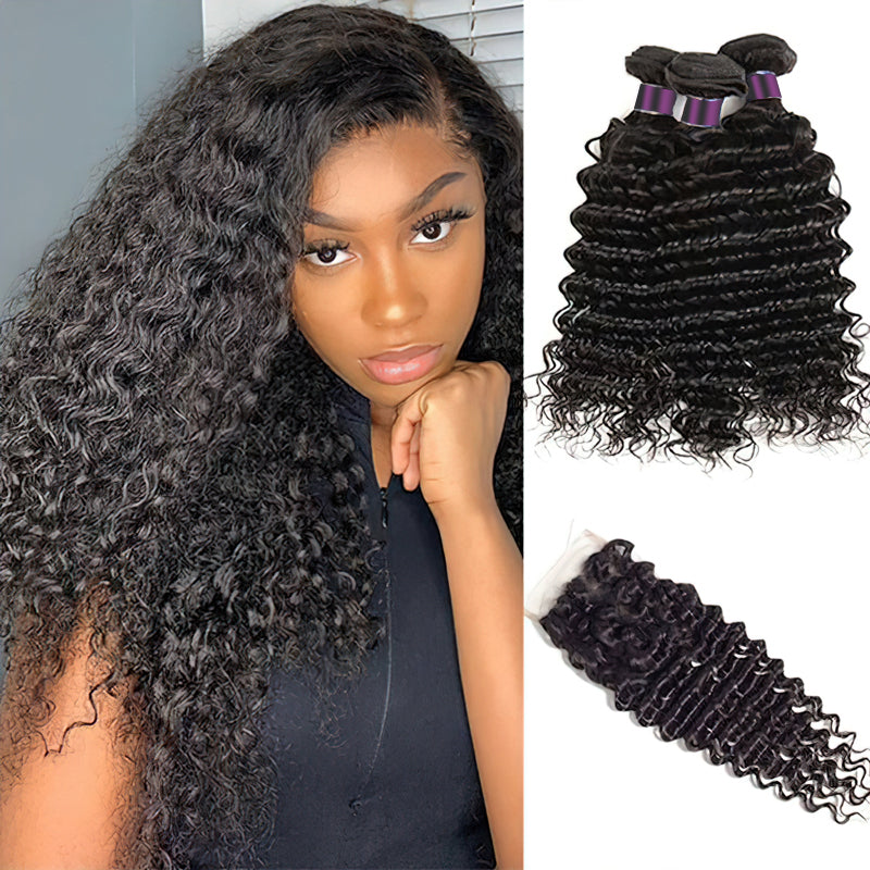 Deep Wave Hair 3 Bundles With 4x4 Lace Closure Best Virgin Human Hair