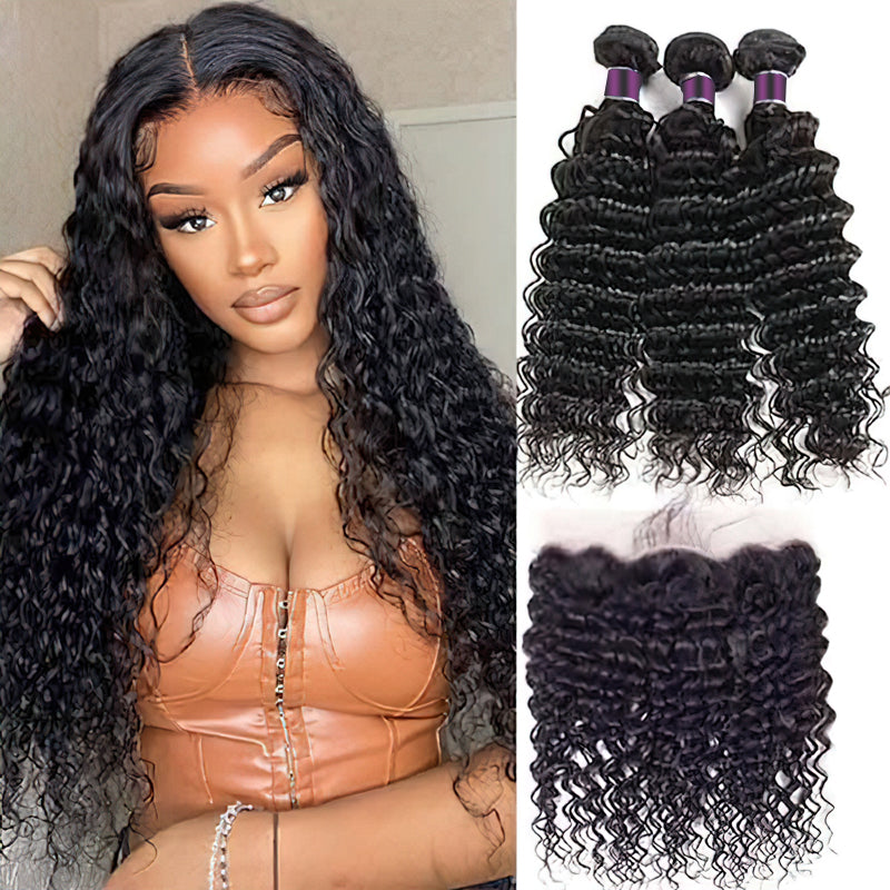 Deep Wave Virgin Hair Weave 3 Bundles With 13x4 Lace Frontal