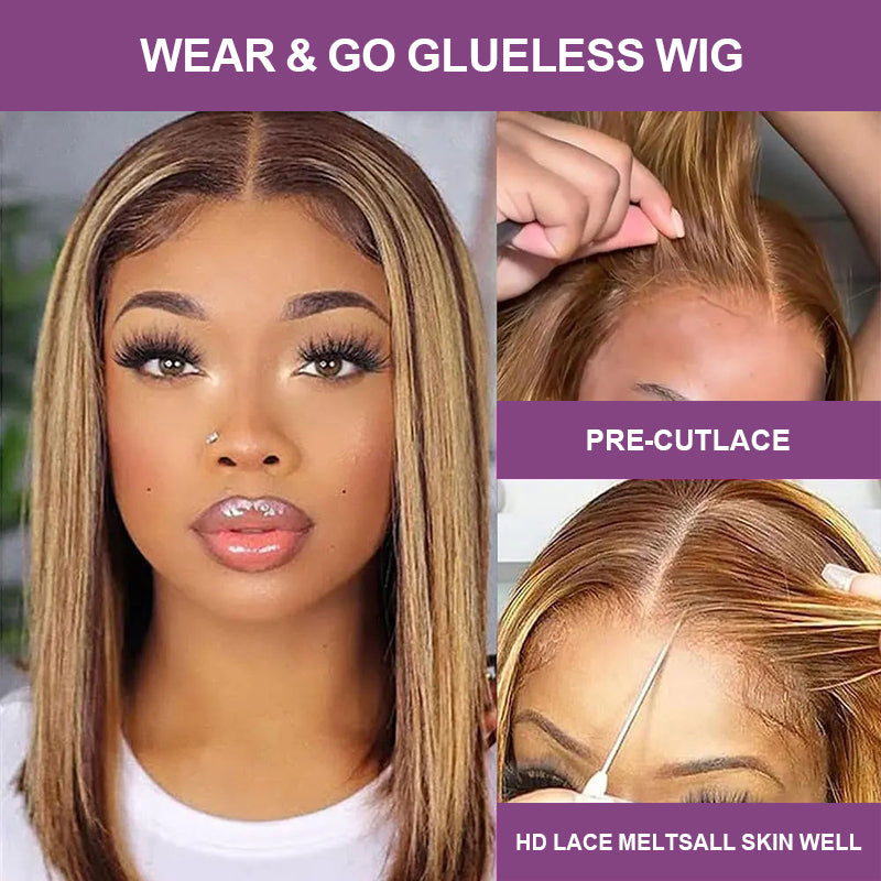 P4/27 Colored Straight Bob Wigs 100% Human Hair 13x4 Wear and Go Glueless Wig