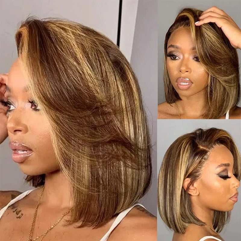 P4/27 Colored Straight Bob Wigs 100% Human Hair 13x4 Wear and Go Glueless Wig