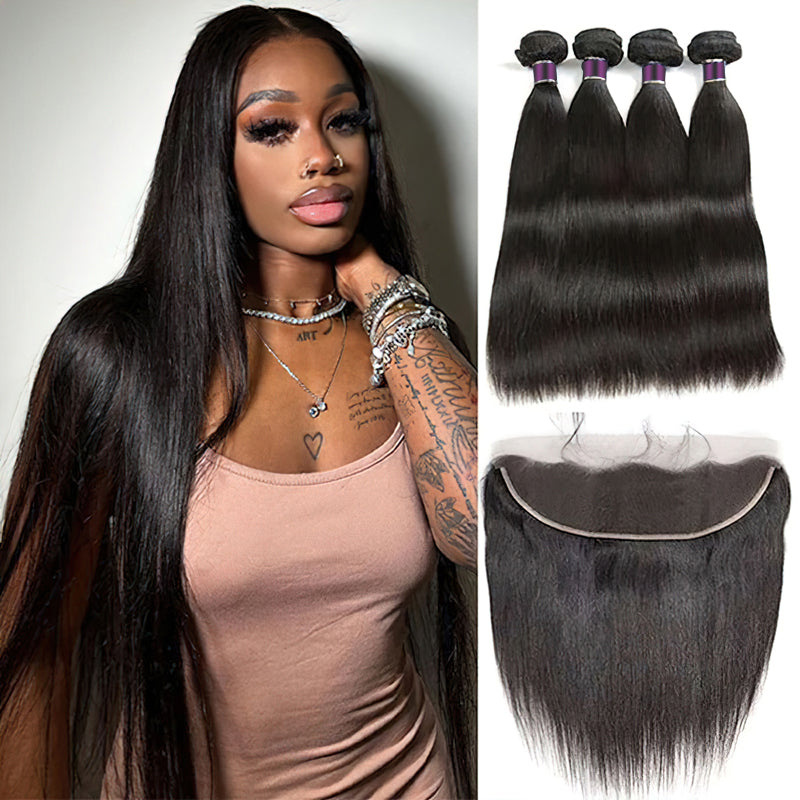 Straight Virgin Hair Weave 3 Bundles With Lace Frontal 13x4 Ear To Ear