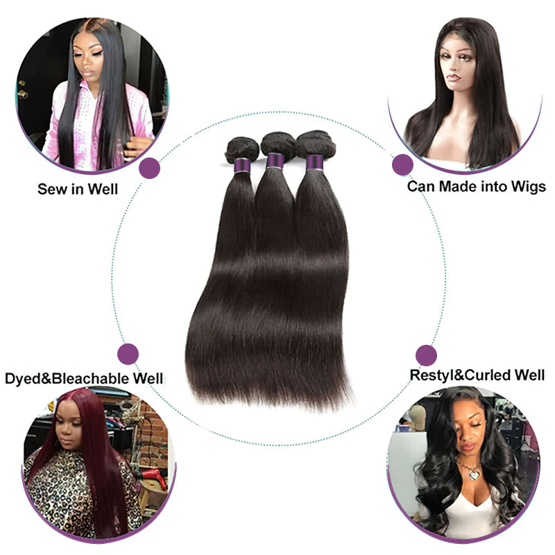 Straight Virgin Hair Weave 3 Bundles With Lace Frontal 13x4 Ear To Ear