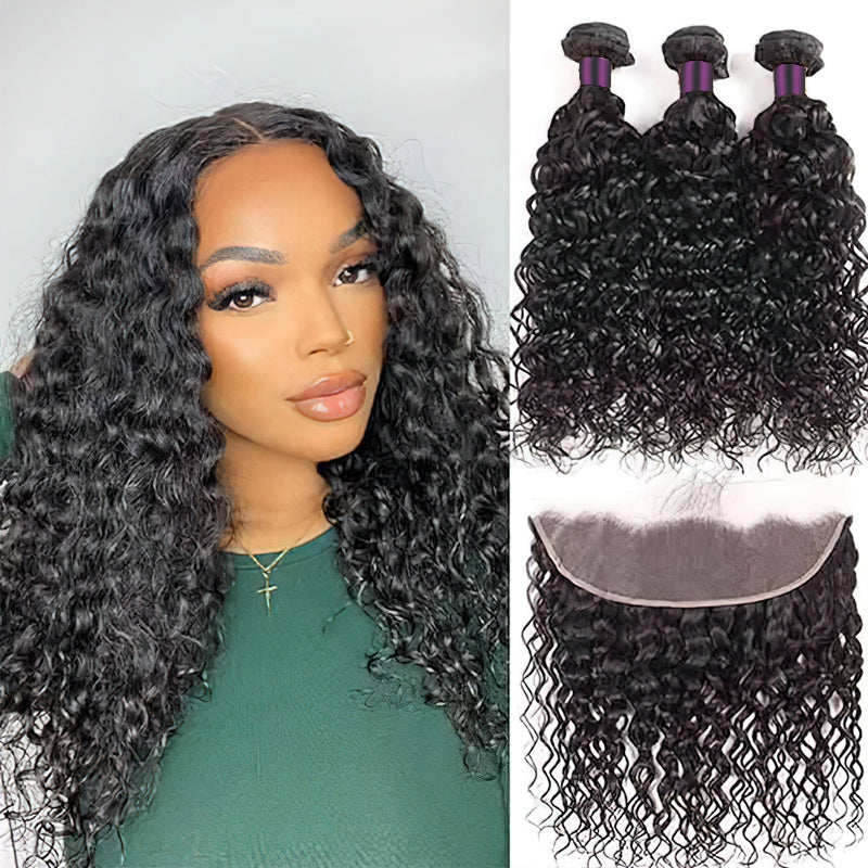 Water Wave Virgin Hair Weave 3 Bundles With 13x4 Lace Frontal