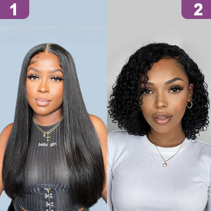 2 Glueless Wigs Set | 22'' 13x4 HD Lace Frontal Straight Wig+12''4x4 Lace Closure Curly Bob Wig