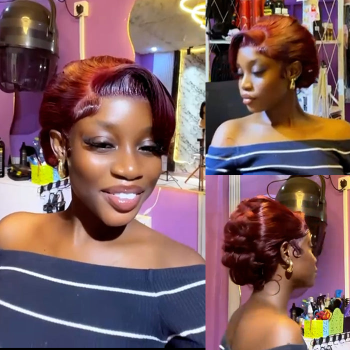 Influencer Show | Pixie Cut Curly Wig |99J Red Wine Color Wig | Glueless Frontal 13x4 Lace