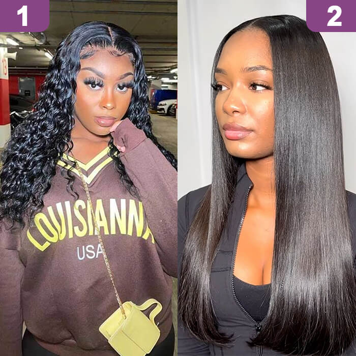 2 Glueless Wigs Set | 22'' 13x4 HD Lace Frontal Water Wave Wig+22'' 4x4 Lace Closure Straight Wig