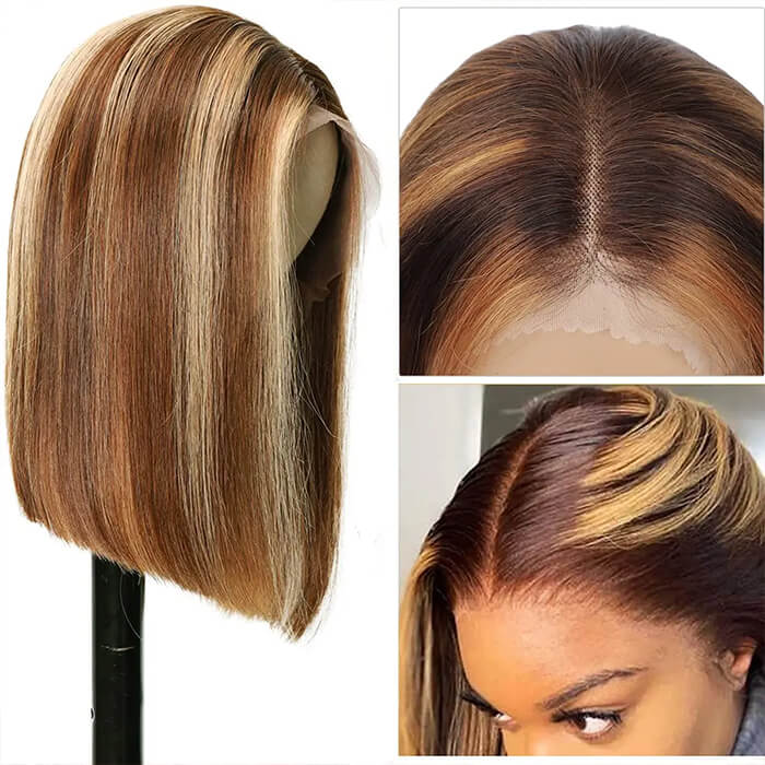 Suqu Hair P4/27 Colored Straight Bob Wigs Glueless 13x4 Lace Frontal Human Hair