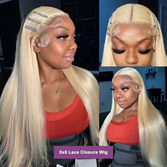 613 Blonde 4x4 5x5 Lace Closure Straight Human Hair Pre Plucked Wig