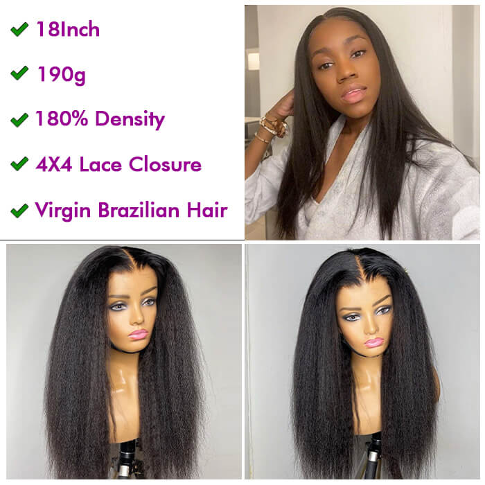 [18''=₵899] 4x4 Glueless Closure Wig Pre-Cut HD Lace Yaki Straight Human Hair Wigs