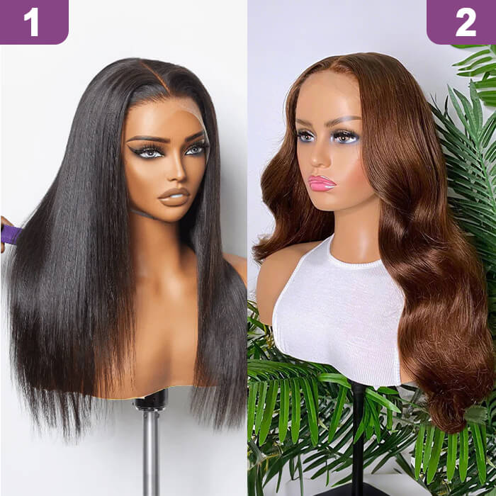 2 Glueless Wigs Set | 20'' 13x4 HD Lace Frontal Straight Wig+24'' 4x4 Lace Closure Brown Body Wave Wig