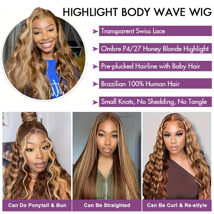 Body Wave Highlight P4/27 Lace Front Wig 100% Virgin Human Hair Wigs For Women