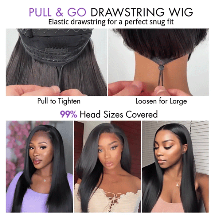 Pull Go Glueless Wig Silky Straight With Drawstring Natural Black 100% Human Hair Wig