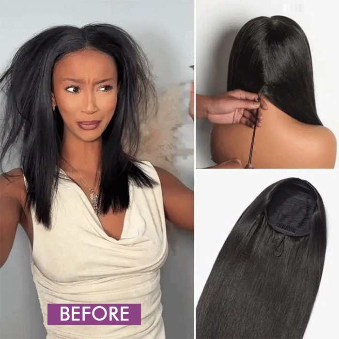 Pull Go Glueless Wig Silky Straight With Drawstring Natural Black 100% Human Hair Wig