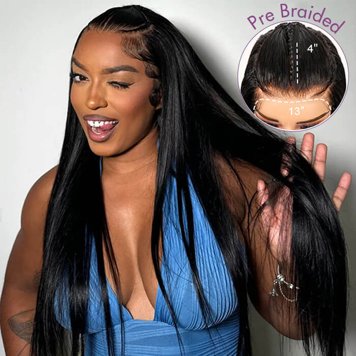 Glueless Pre Braided Wig Straight Hair 13x4 HD Lace Frontal Human Hair Wig