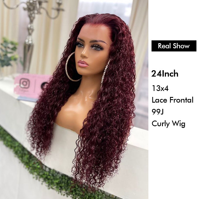 Real Show | Deep Culry Wig | 99J Burgundy Color | Frontal/Closure HD Lace Wig (10-32'')