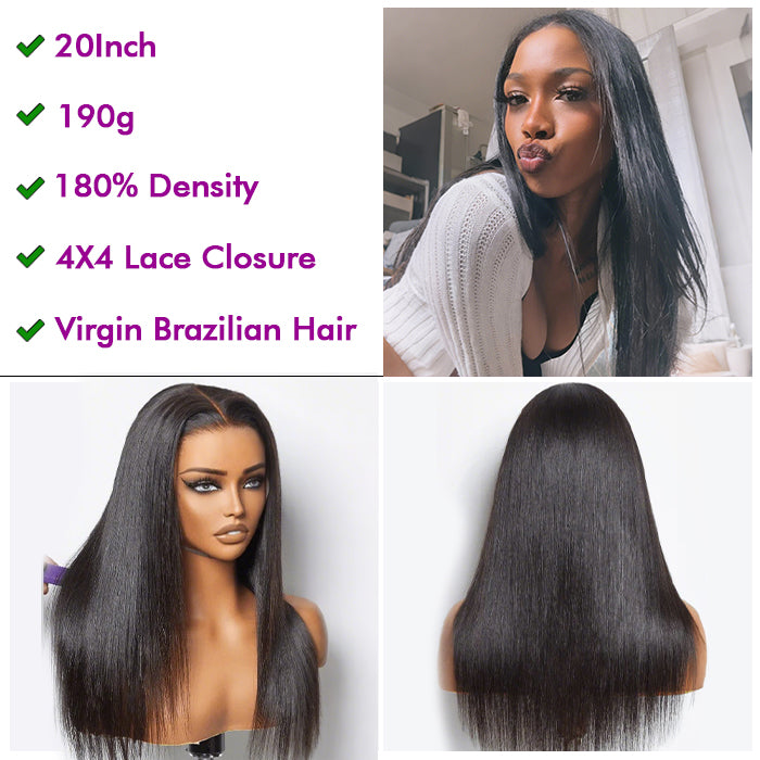 [20''=₵899]Straight Wig For Beginners 4x4 Glueless Closure Pre Plucked Brazilian Virgin Hair Wigs