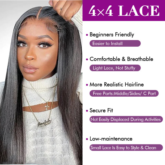 [20''=₵899]Straight Wig For Beginners 4x4 Glueless Closure Pre Plucked Brazilian Virgin Hair Wigs