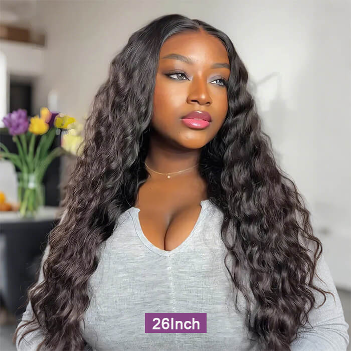 Pull Go Glueless Wig Loose Deep Wave With Drawstring Natural Black 100% Human Hair