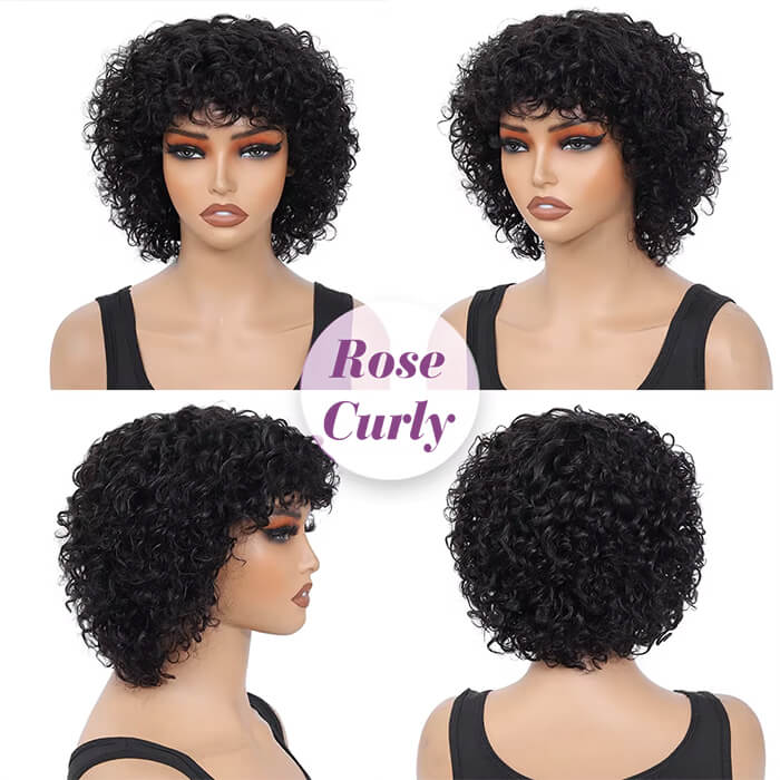 Afro Curly Short Pixie Wigs Glueless Bob Wig With Bangs Human Hair